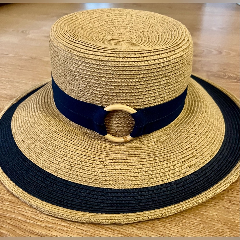 Morgan & Taylor Raffia Straw Sun Hat Navy Trim Wide Brim Beach Resort - Picture 3 of 5